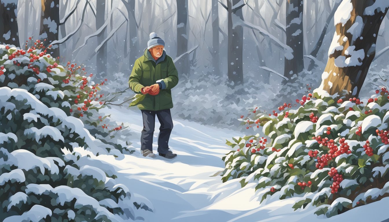 A figure carefully gathering winterberry holly from a snow-covered bush in a forest clearing