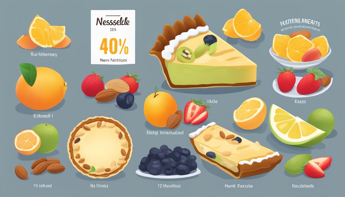 A slice of nesselrode pie surrounded by colorful fruits and nuts, with a clear label displaying its nutritional information