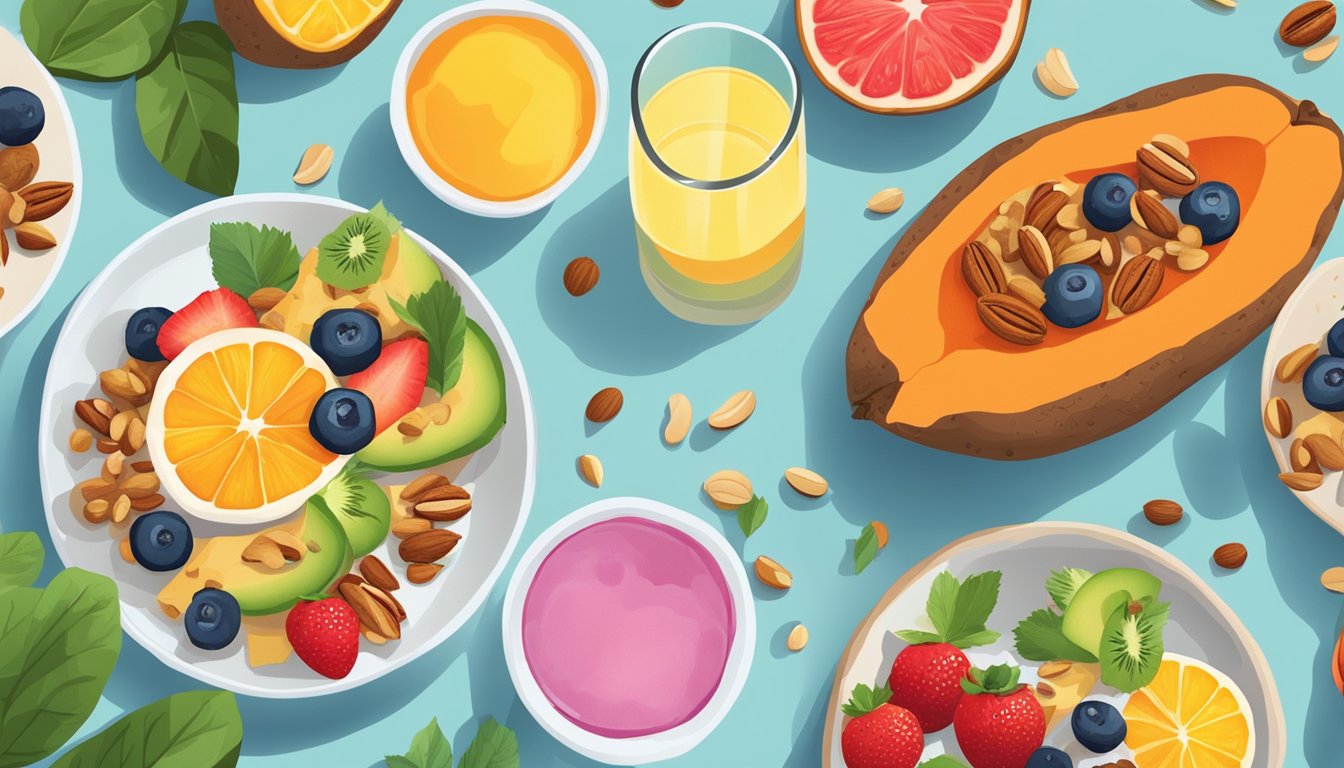 A colorful breakfast spread with a baked sweet potato topped with nuts, surrounded by fresh fruits and a glass of water