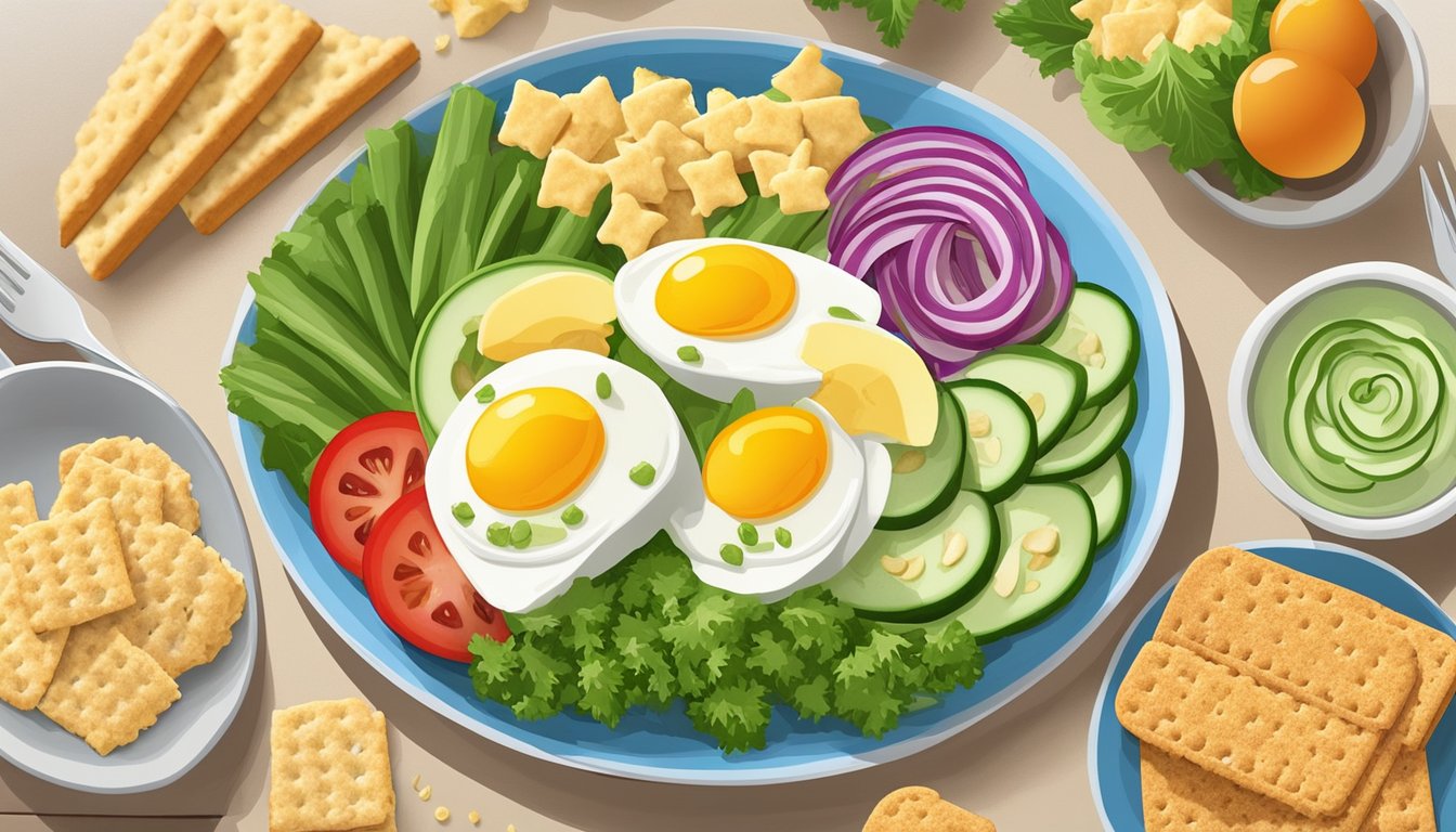 A colorful array of egg salad, whole wheat crackers, and fresh vegetables arranged on a diabetes-friendly lunch plate