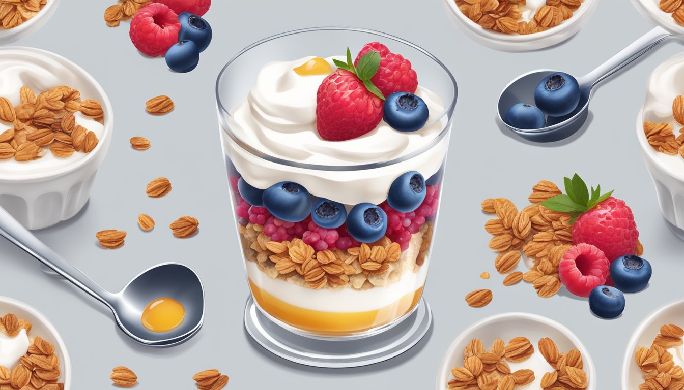 A glass parfait dish filled with layers of Greek yogurt and mixed berries, topped with a sprinkle of granola and a drizzle of honey