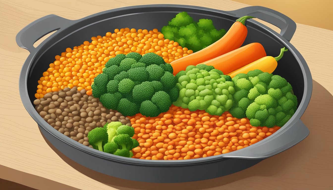 A colorful array of lentils, carrots, bell peppers, and broccoli sizzling in a pan, emitting savory aromas, ready to be packed into a lunch container