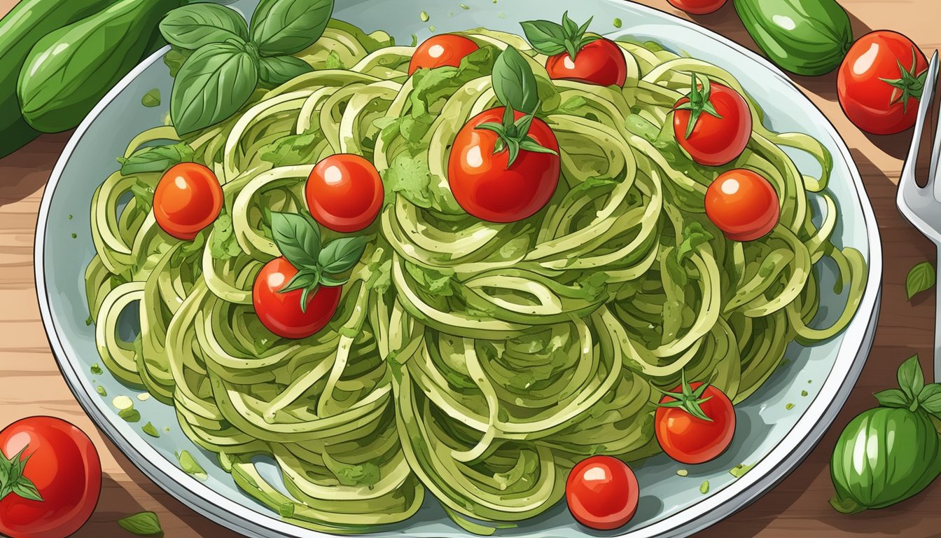 A colorful plate of zucchini noodles topped with pesto, surrounded by fresh basil leaves and cherry tomatoes