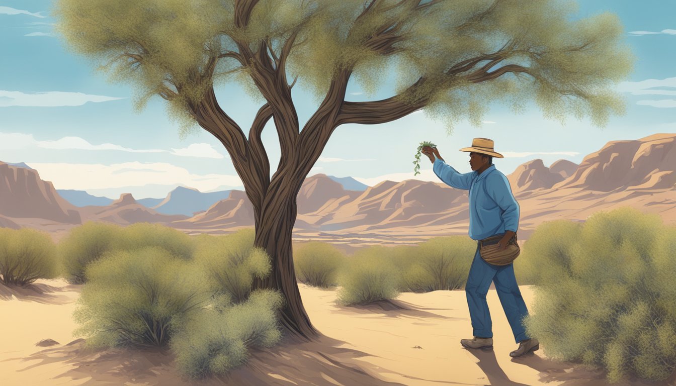 A figure foraging for wild mesquite pods in a desert landscape, with a focus on the culinary applications of the plant