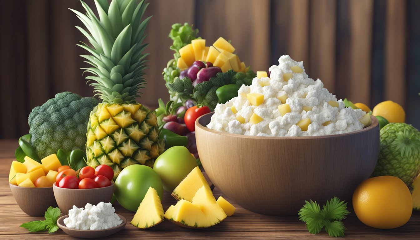 A colorful bowl with cottage cheese and pineapple, surrounded by a variety of fresh fruits and vegetables, sits on a rustic wooden table