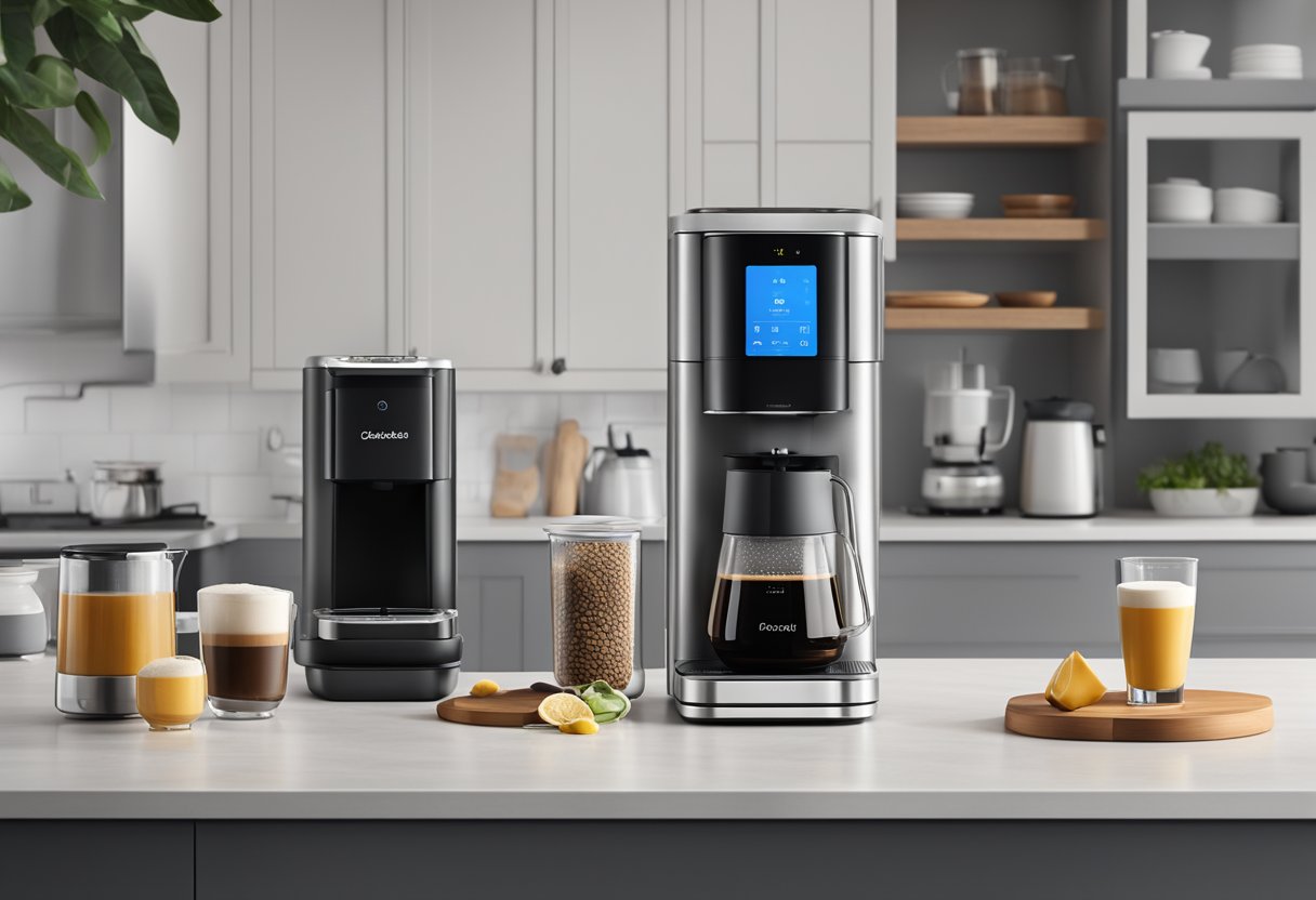 A sleek, modern smart coffee maker sits on a countertop, with AI-assisted brewing technology displayed on a digital screen. Ingredients are neatly organized nearby