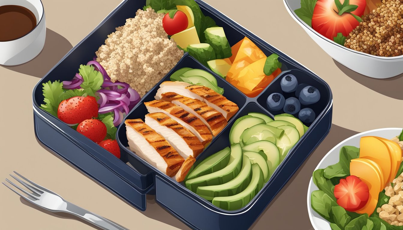 A colorful bento box filled with grilled chicken, quinoa salad, fresh vegetables, and fruits, arranged in an organized and appetizing manner