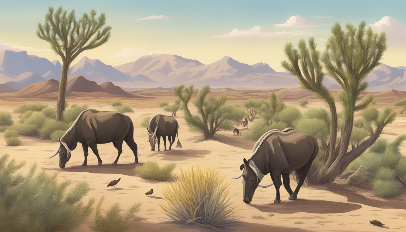 A group of animals foraging and harvesting wild mesquite pods in a desert landscape, with a focus on the impact on the environment