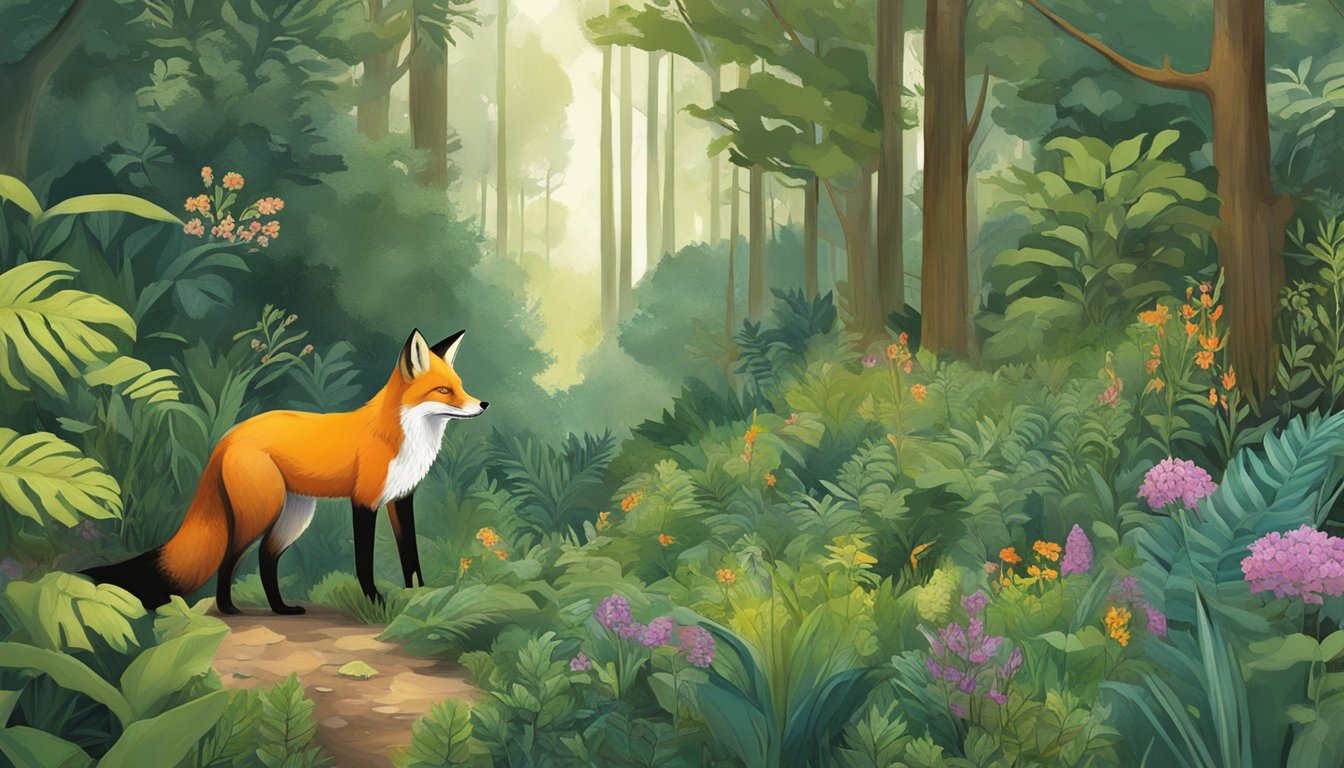 A fox forages for yerba buena in a lush forest, surrounded by diverse plants and wildlife