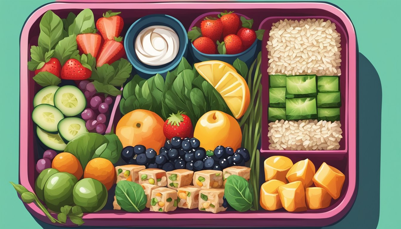 A colorful bento box filled with neatly arranged tofu, spinach, and brown rice rolls, surrounded by vibrant fruits and vegetables