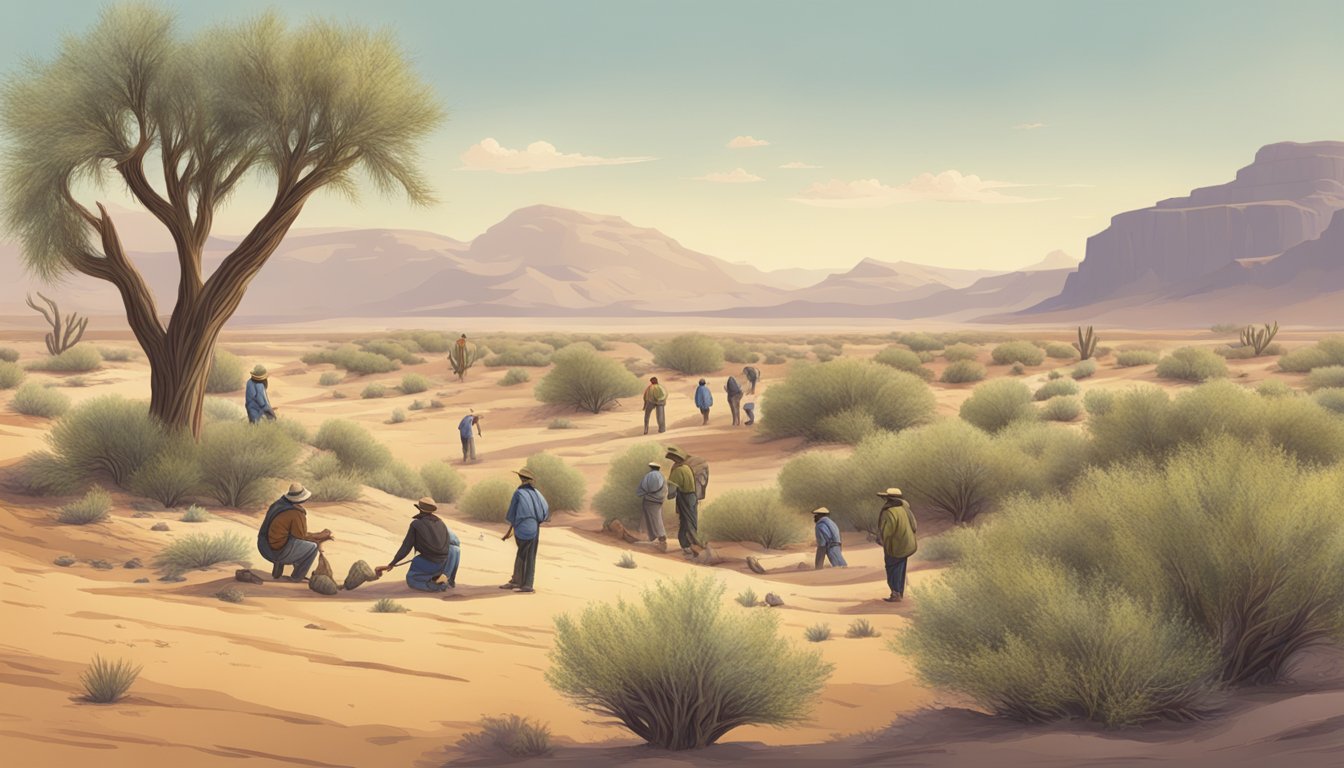 A group of people gathering and harvesting wild mesquite pods in a desert landscape