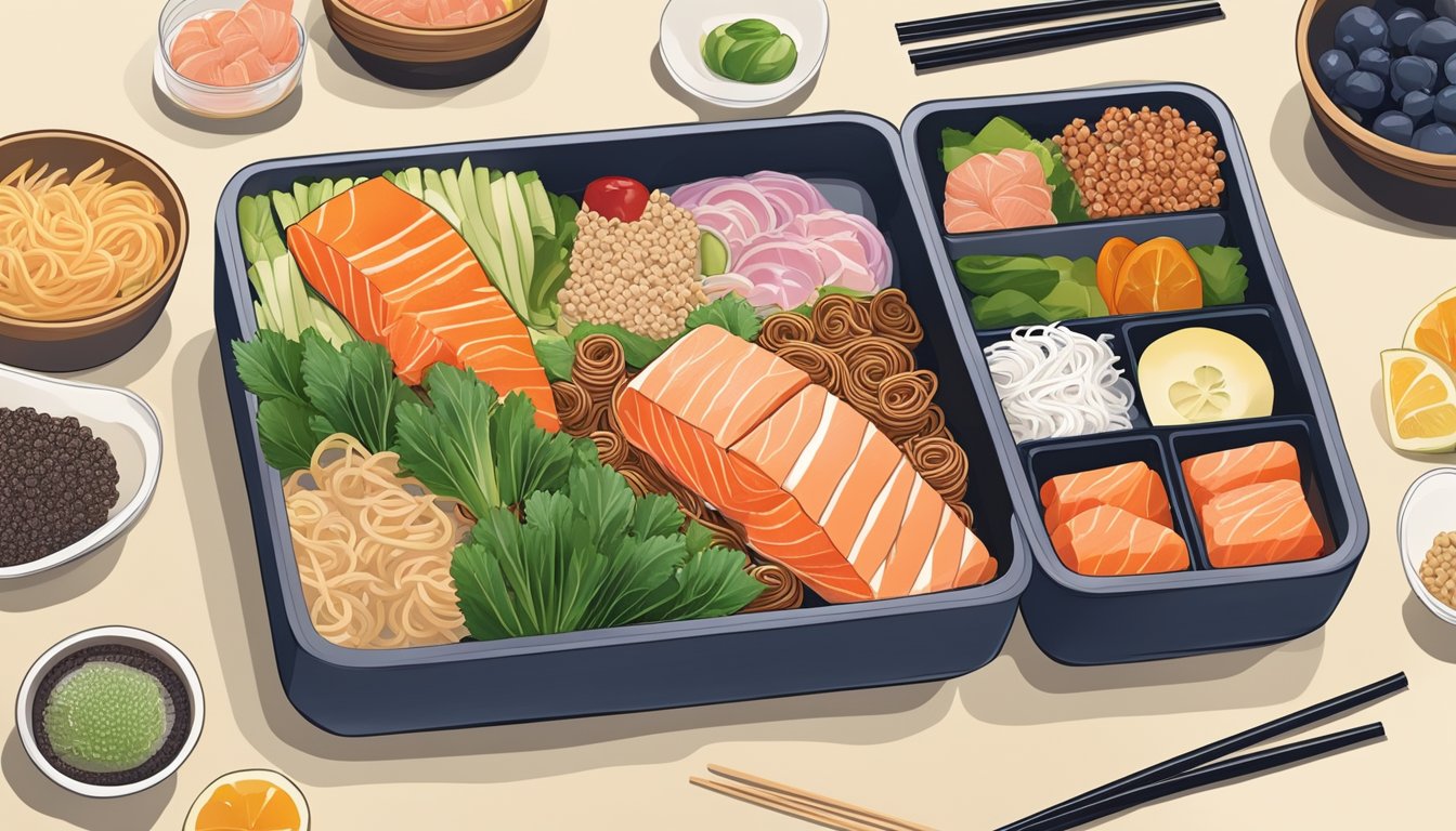 A bento box with salmon sashimi, buckwheat noodles, and colorful, diabetes-friendly ingredients arranged in an appealing and appetizing display