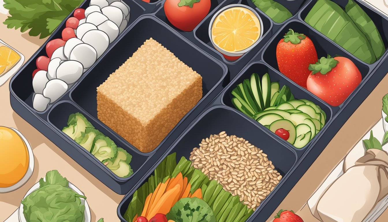 A colorful bento box filled with fresh vegetables, lean protein, whole grains, and a piece of fruit, all arranged neatly and invitingly