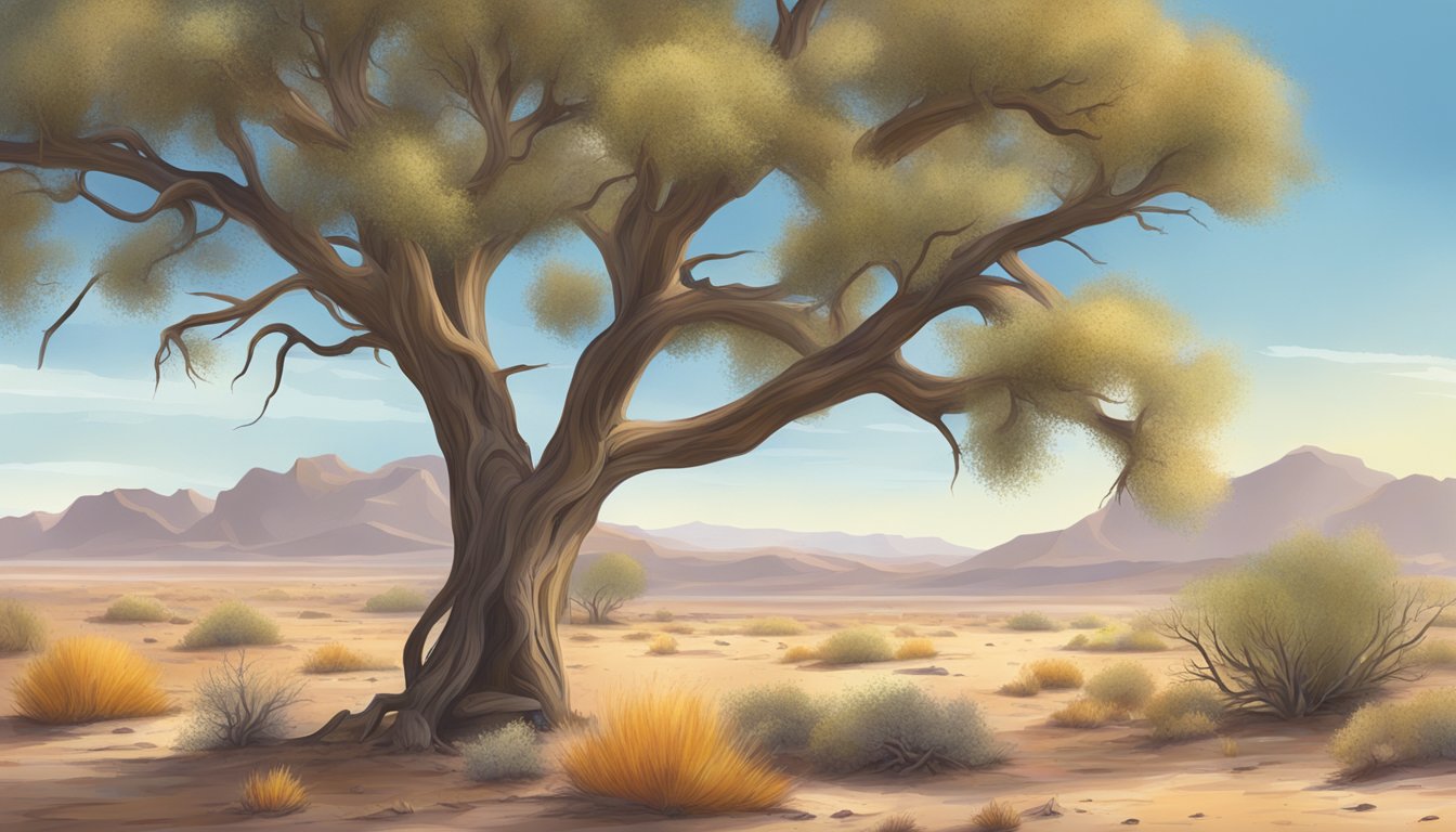 A desert landscape with a lone mesquite tree, ripe pods scattered on the ground, and a foraging tool nearby