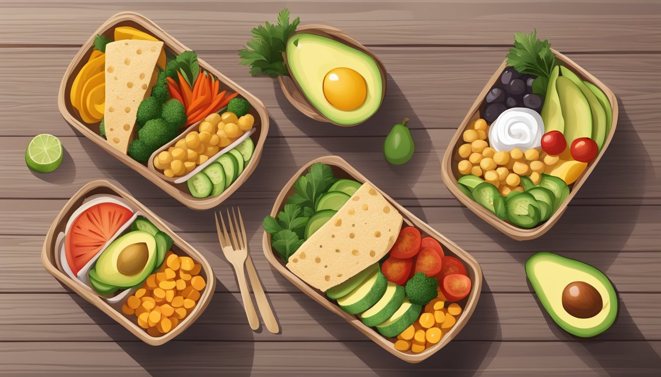 A colorful bento box with a chickpea and avocado pita, sliced veggies, and fruit arranged neatly on a wooden table