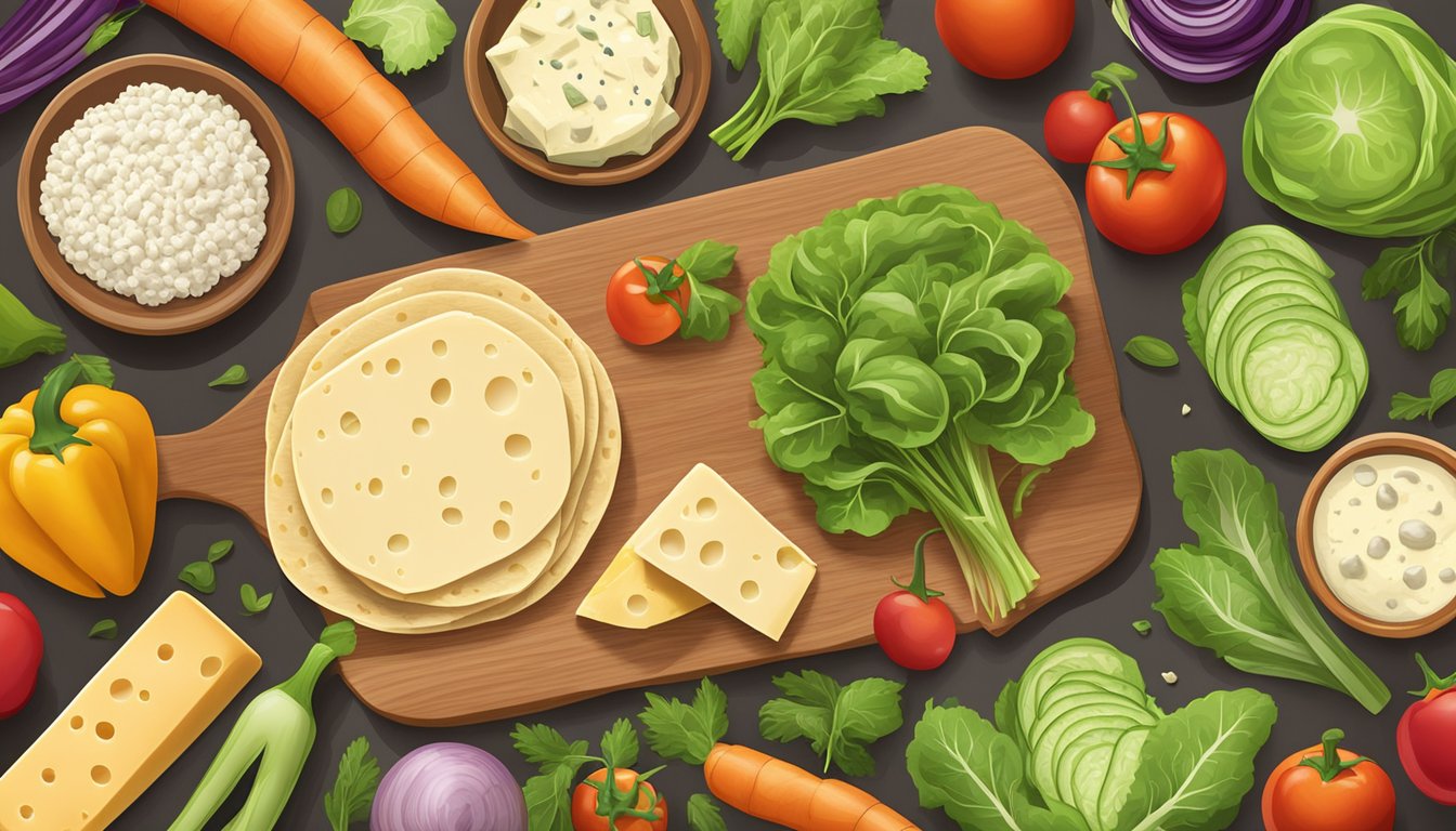 A colorful array of fresh vegetables, vegan cheese, and whole wheat wraps arranged on a wooden cutting board