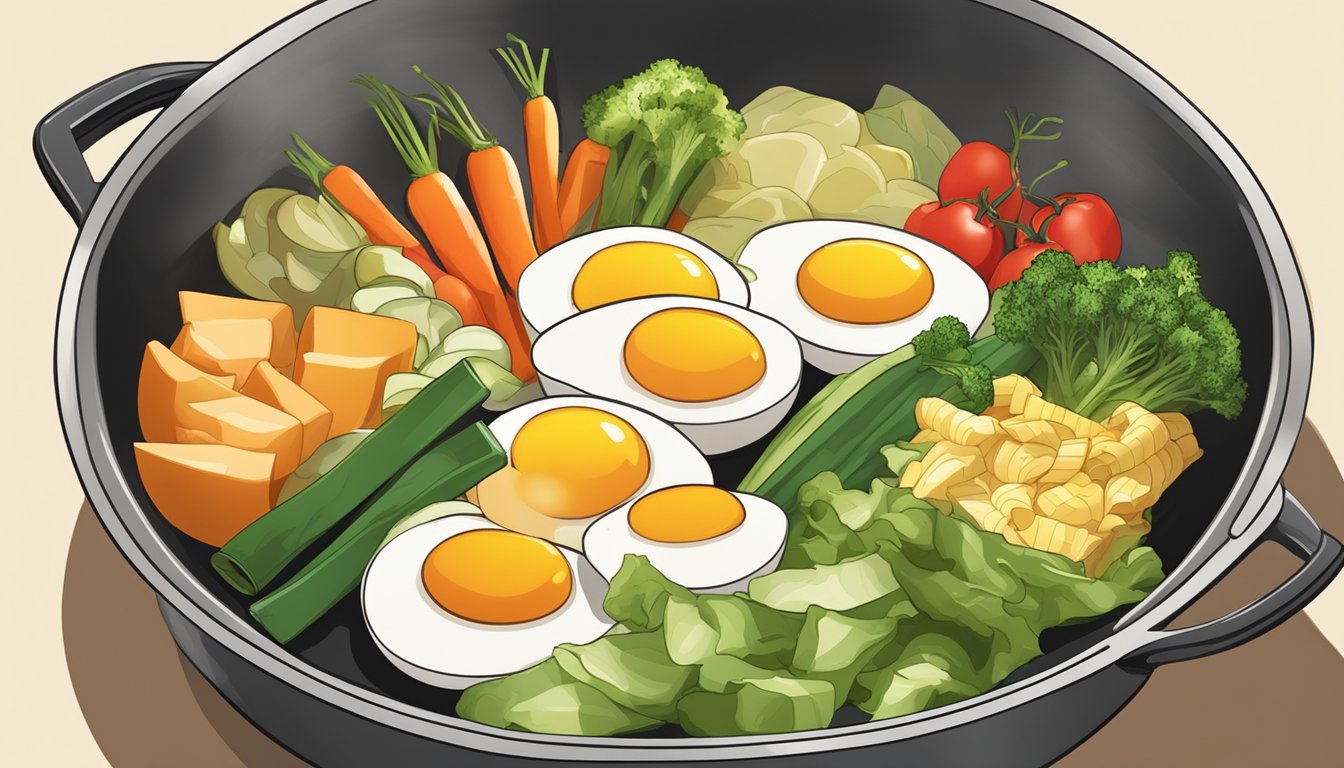 A colorful array of sliced vegetables and eggs sizzling in a wok, ready to be packed into a bento box for a diabetes-friendly lunch