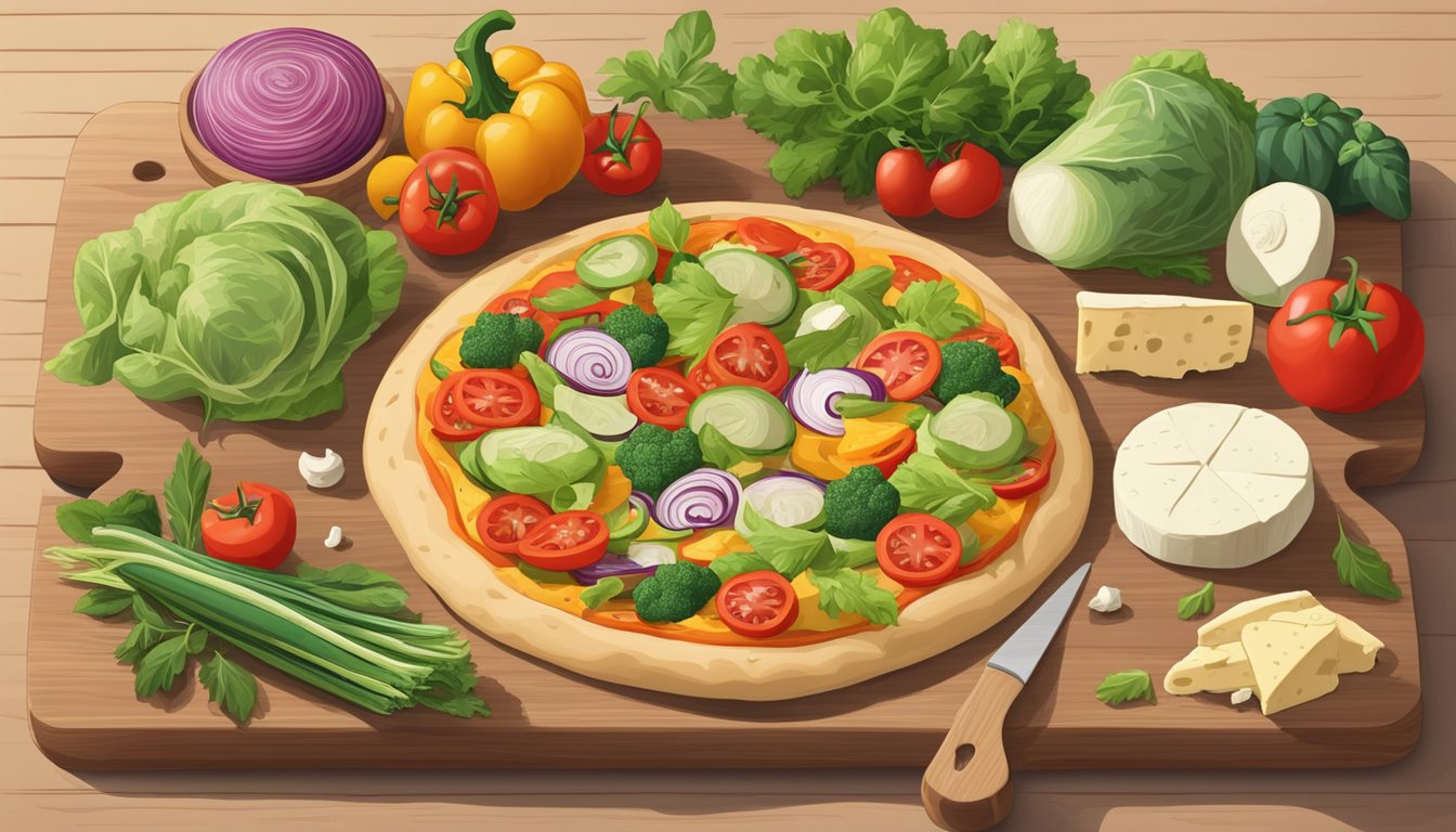 A colorful array of fresh vegetables, herbs, and vegan cheese arranged on a wooden cutting board, with a rolled-out pizza dough nearby