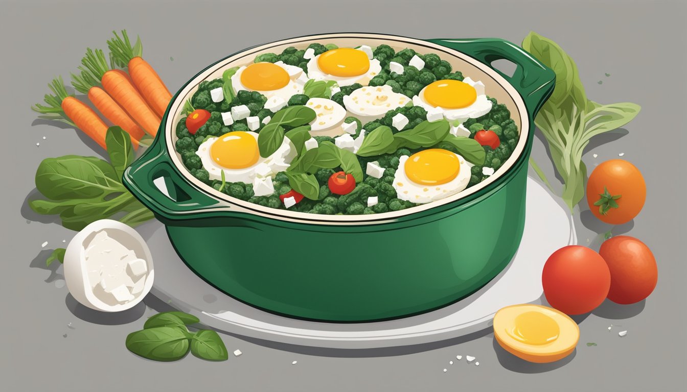 A colorful casserole dish filled with layers of spinach, feta cheese, and eggs, surrounded by fresh vegetables and a sprinkling of herbs