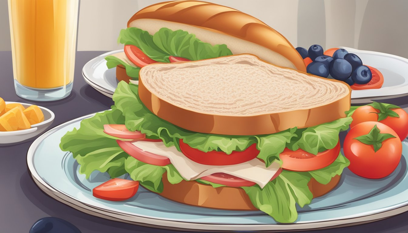 A colorful plate with a whole wheat turkey sandwich, lettuce, tomato, and a side of fresh fruit