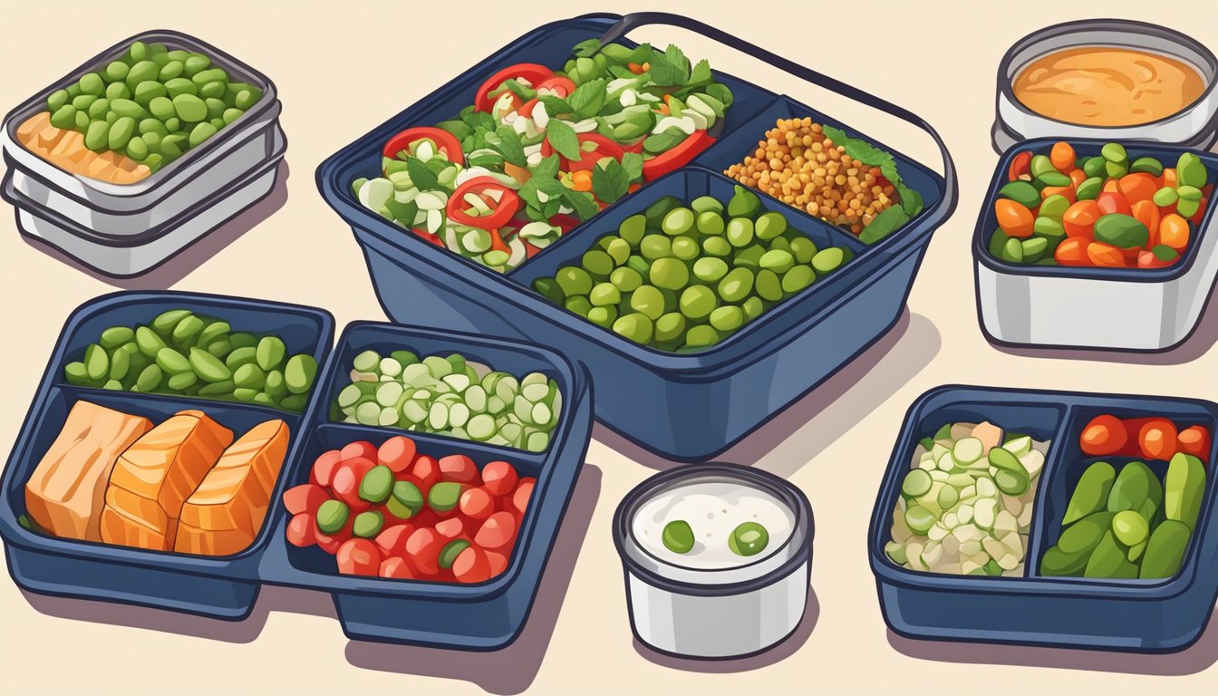 A colorful bento box with edamame and red pepper salad, neatly arranged with a variety of diabetes-friendly lunch options