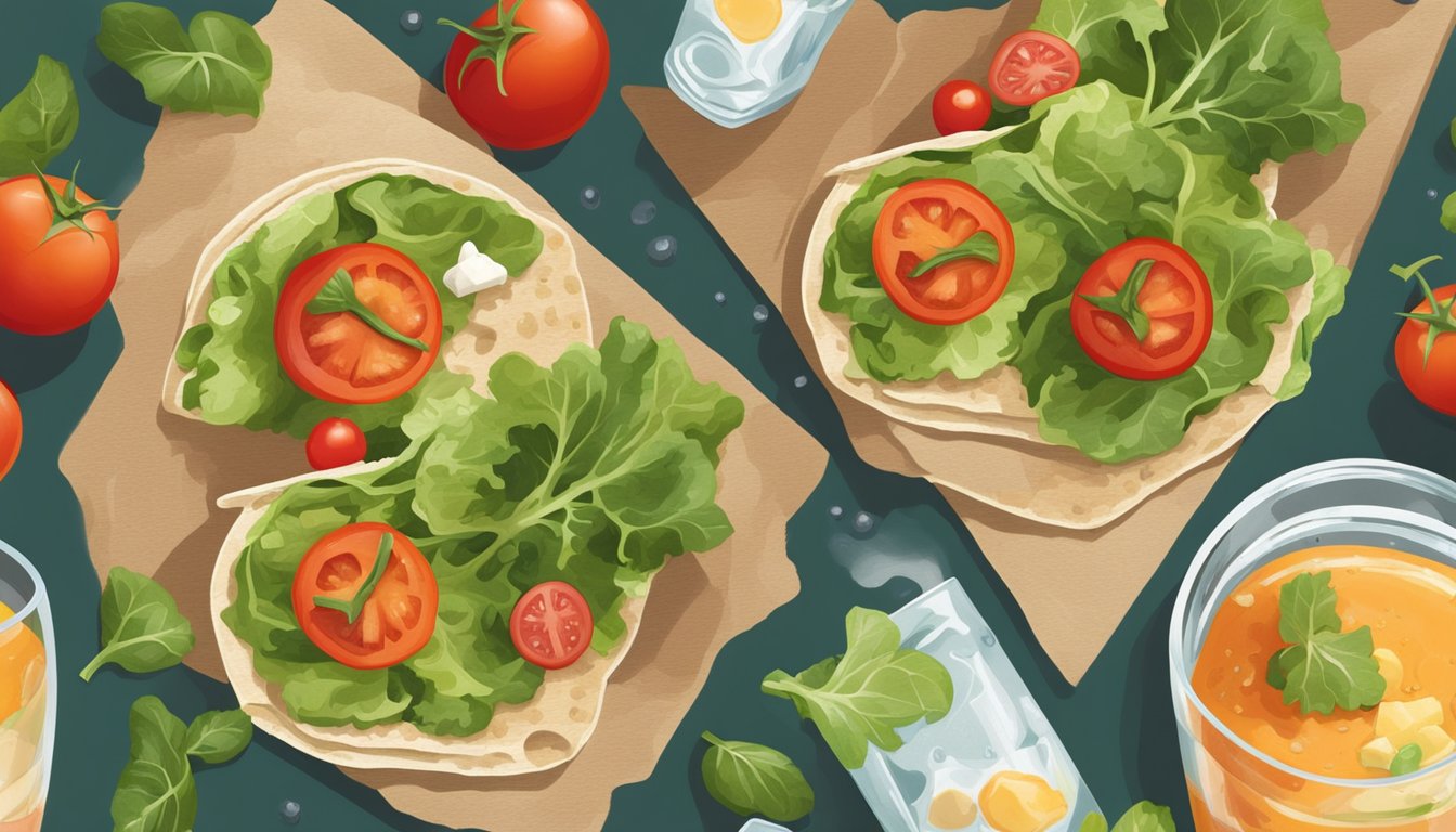 A colorful spread of fresh vegetables, vegan cheese, and tomato sauce arranged on a whole wheat wrap, with a side of mixed greens and a glass of sparkling water