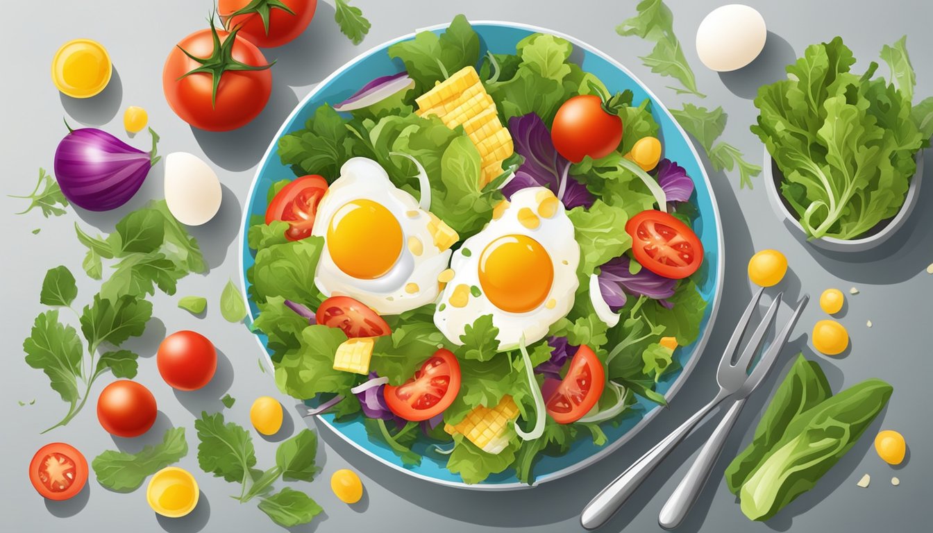 A colorful plate with a scoop of egg salad surrounded by a variety of fresh mixed greens, tomatoes, and other vibrant vegetables