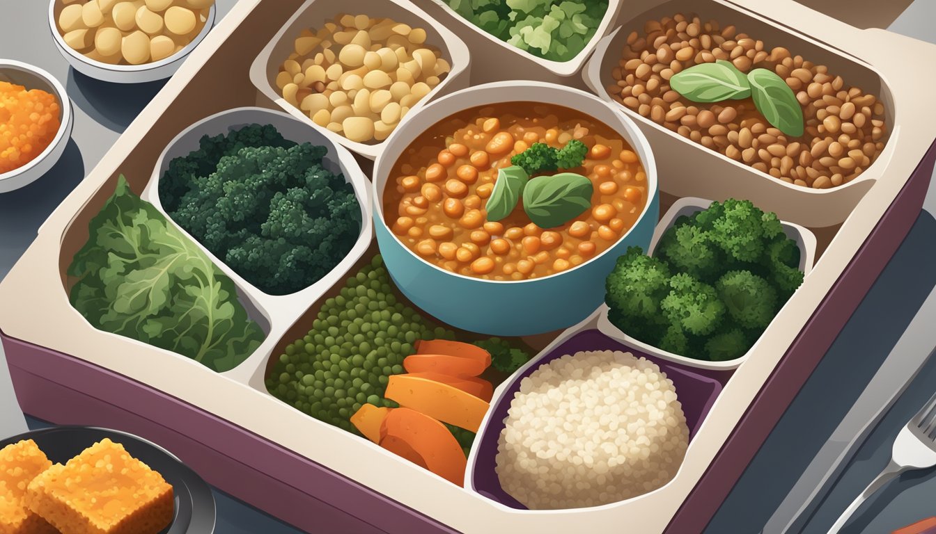 A colorful bento box filled with vibrant lentil and kale stew, accompanied by a variety of fresh and healthy side dishes