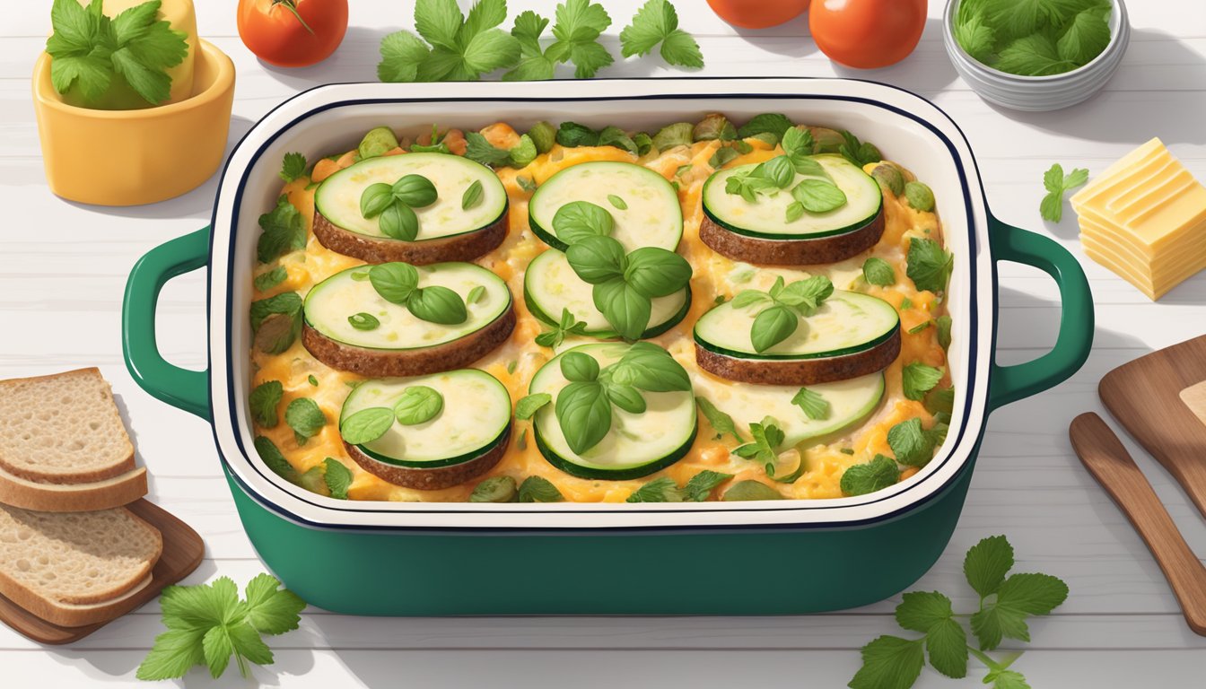 A colorful casserole dish filled with layers of sliced zucchini and turkey sausage, topped with melted cheese and fresh herbs