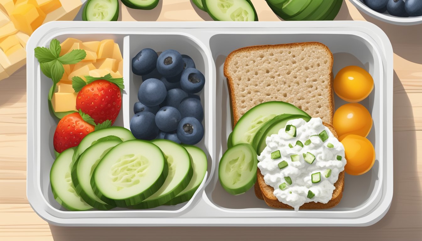 A bento box with a cucumber and cottage cheese sandwich, alongside fresh veggies and fruit, arranged in a visually appealing and diabetes-friendly manner