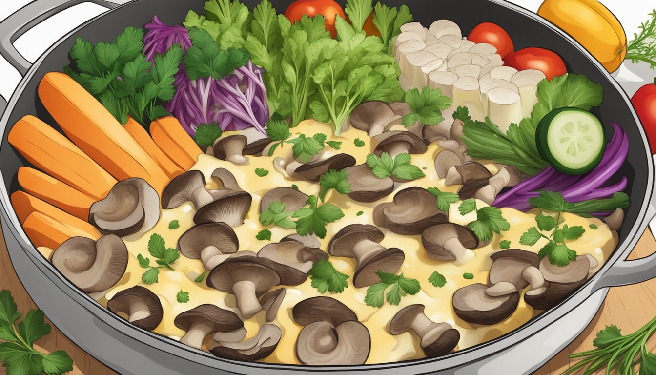 A steaming casserole dish filled with layers of sliced mushrooms and melted Swiss cheese, surrounded by fresh herbs and colorful vegetables