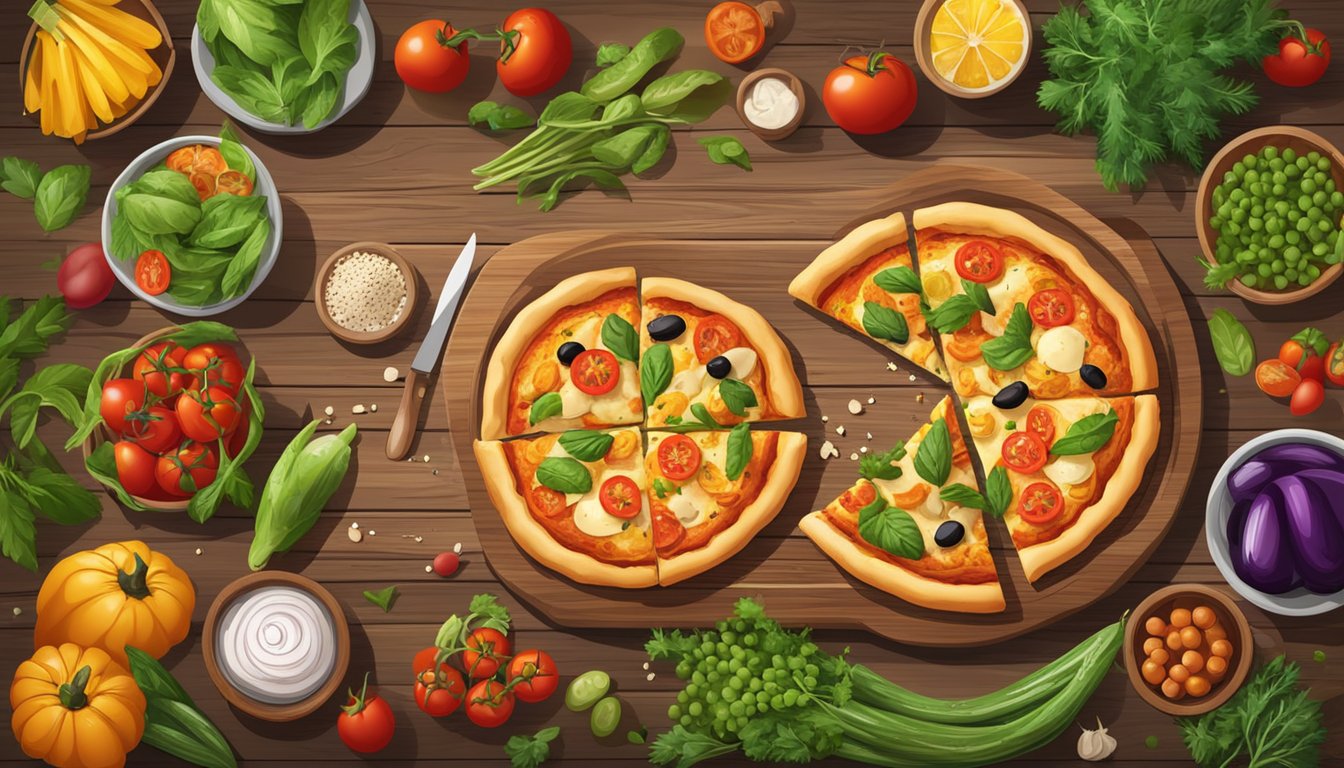 A rustic wooden table with a freshly baked Mediterranean chicken pizza surrounded by colorful vegetables and herbs