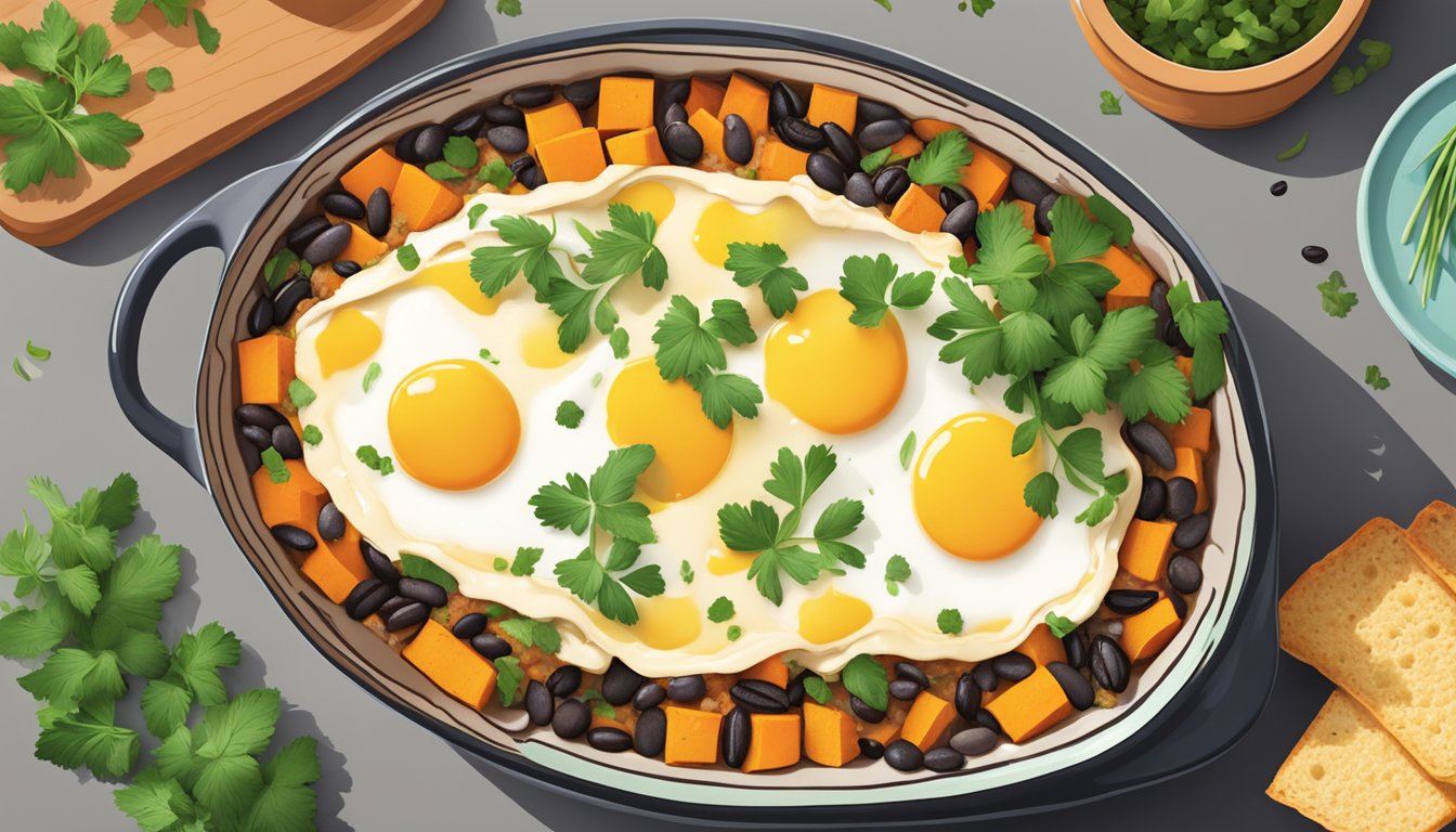 A colorful casserole dish filled with layers of sweet potatoes, black beans, and eggs, topped with melted cheese and fresh herbs