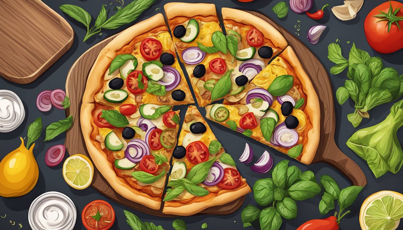 A colorful mediterranean chicken pizza with vegan toppings on a wooden cutting board