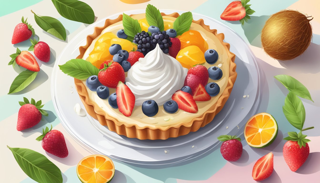 A slice of transparent pie surrounded by fresh fruits and a dollop of coconut whipped cream