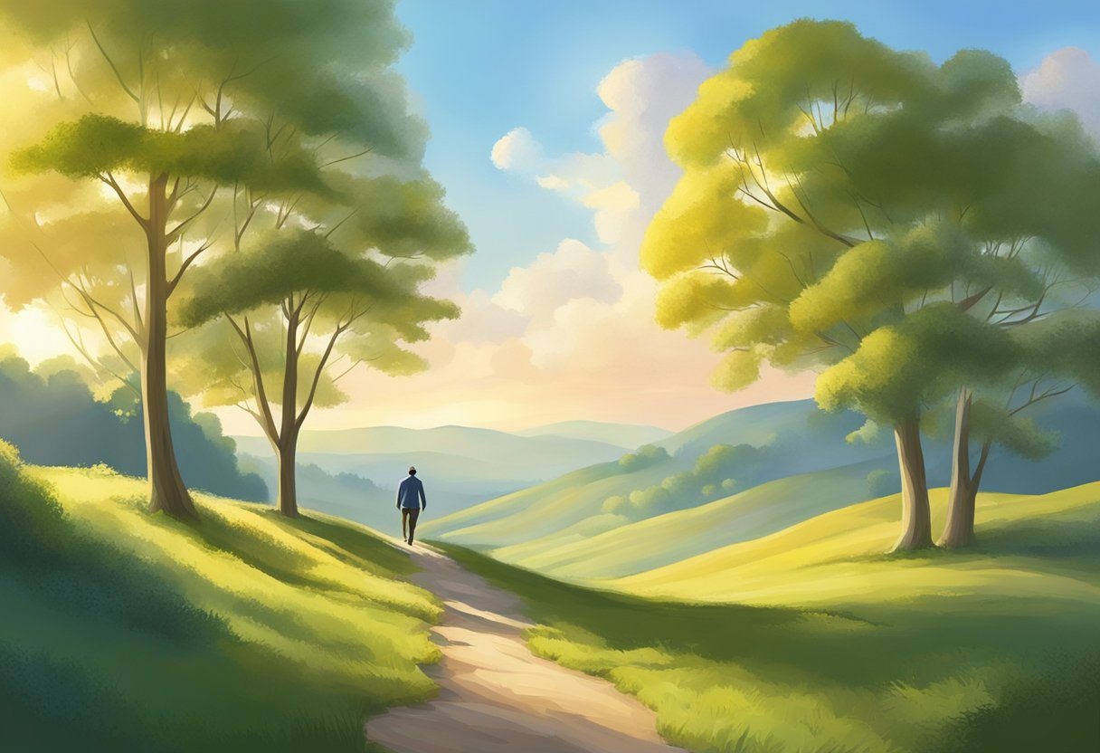 A serene landscape with a figure walking towards a radiant, heavenly light