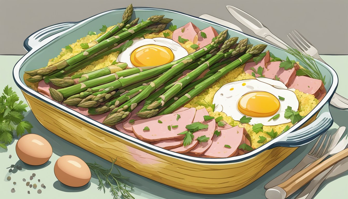 A colorful casserole dish filled with layers of asparagus, ham, and eggs, surrounded by fresh herbs and spices