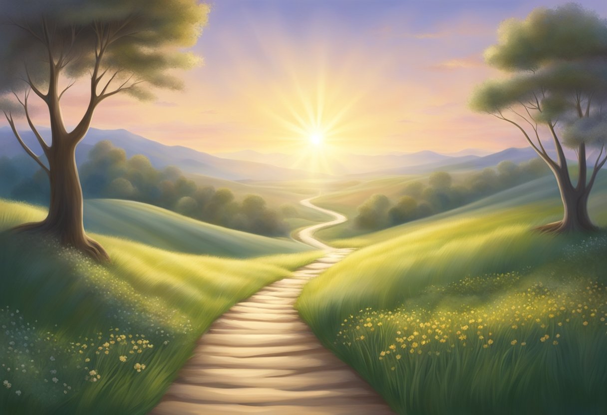 A serene landscape with a clear path leading towards a radiant figure, symbolizing living for Jesus Christ