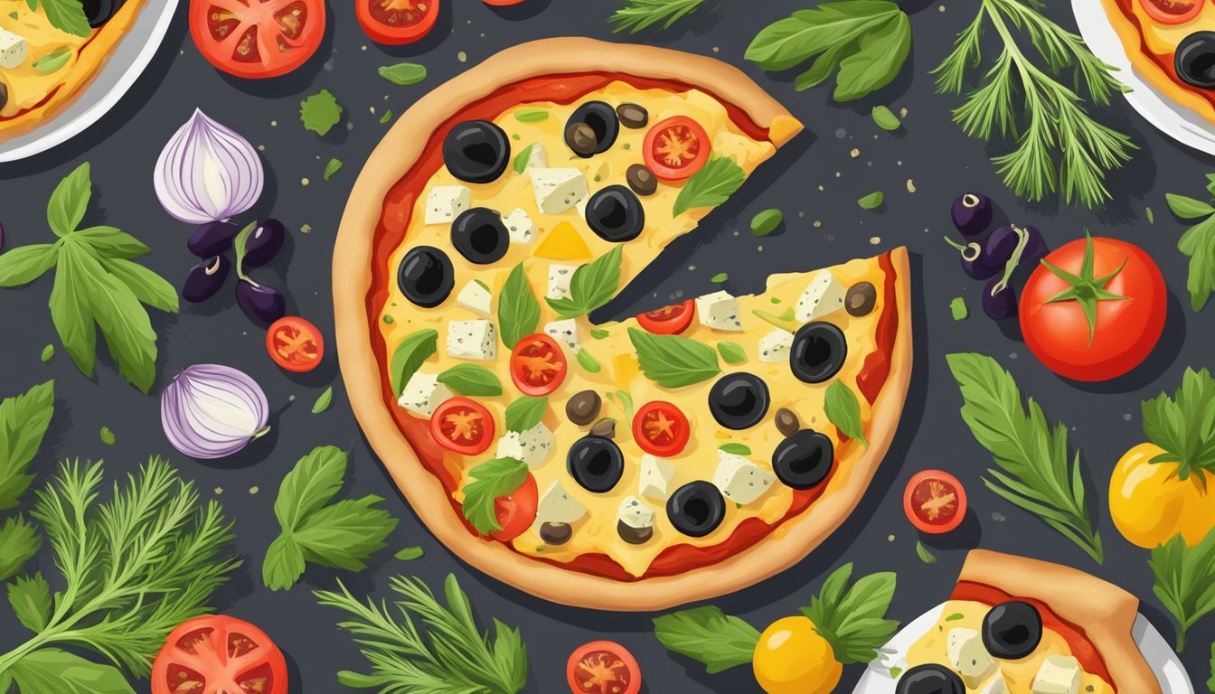 A colorful pizza topped with artichokes, olives, tomatoes, and vegan cheese, surrounded by fresh herbs and spices