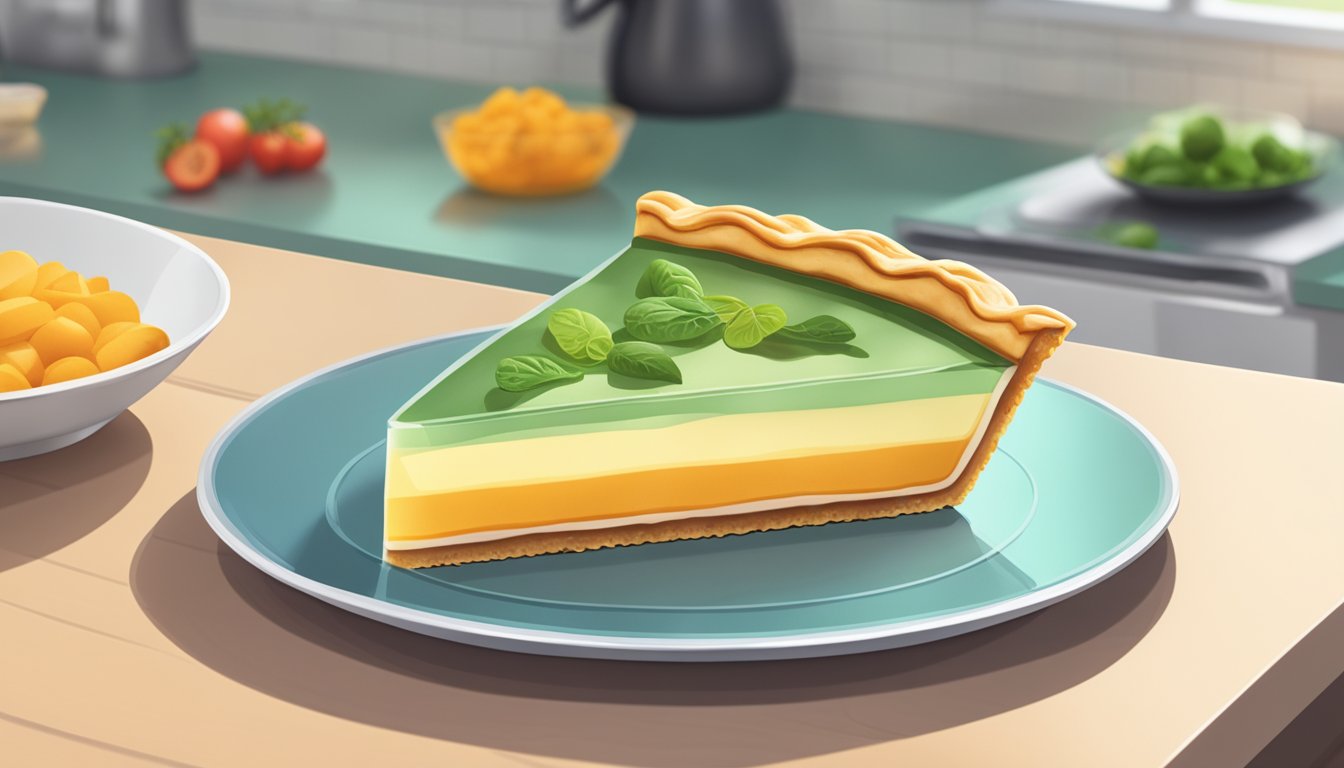 A slice of transparent pie with vegan ingredients and substitution options displayed on a clean, modern kitchen counter