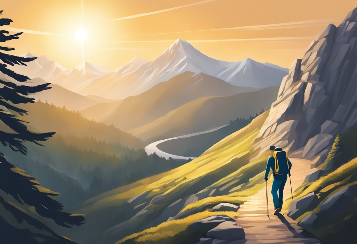 A figure climbing a steep mountain path, facing obstacles but guided by a shining light at the summit