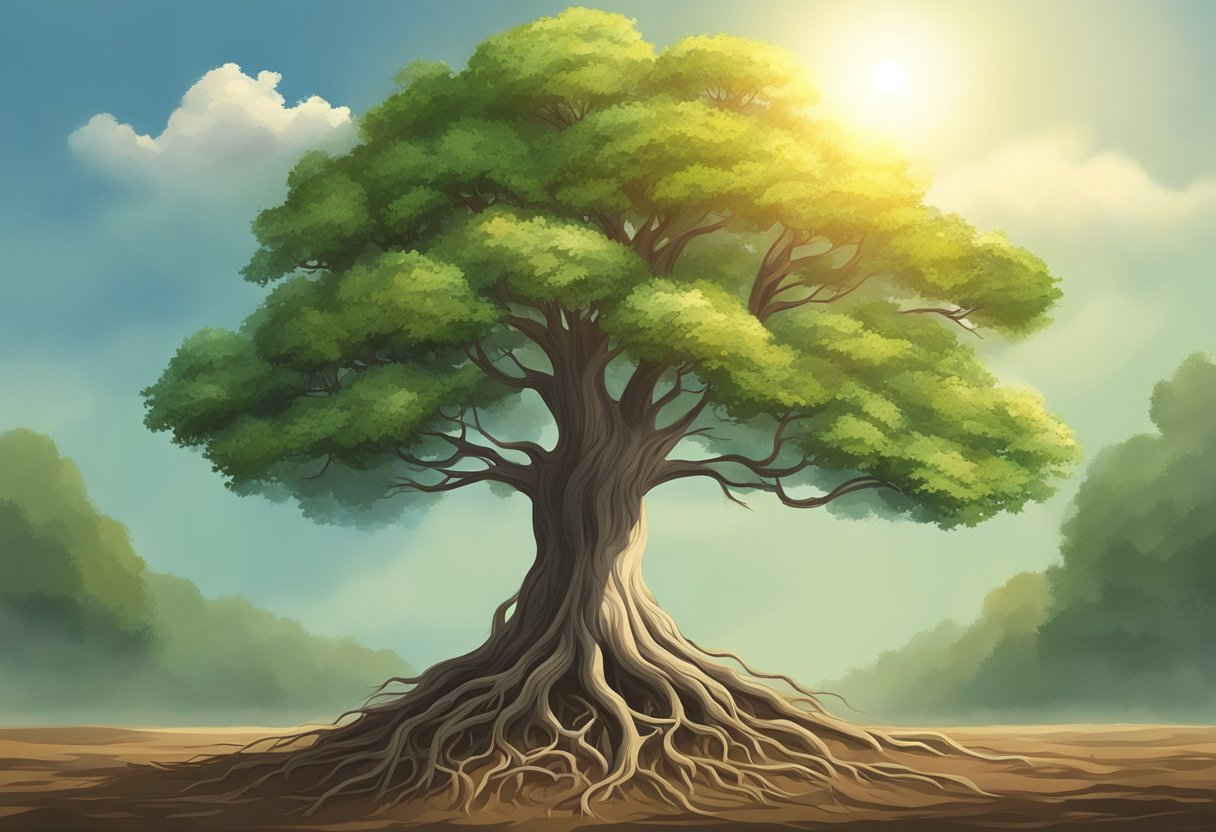 A tree growing strong and straight, its roots firmly planted in the soil, reaching towards the sun