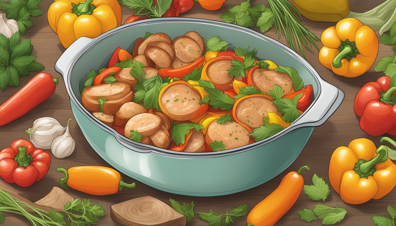 A colorful casserole dish filled with slices of bell pepper and chicken sausage, surrounded by fresh herbs and spices