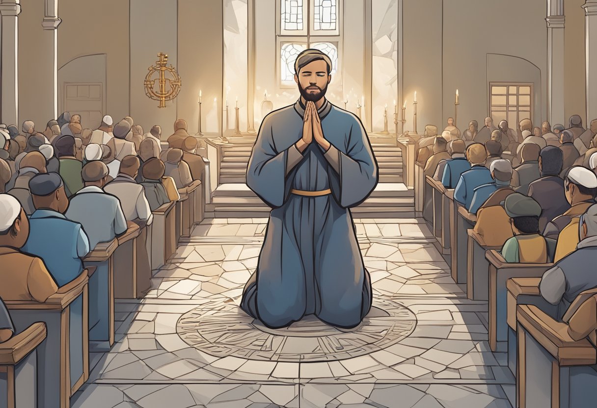 A person kneeling in prayer with hands raised, surrounded by symbols of service and ministry: a helping hand, a Bible, and a heart