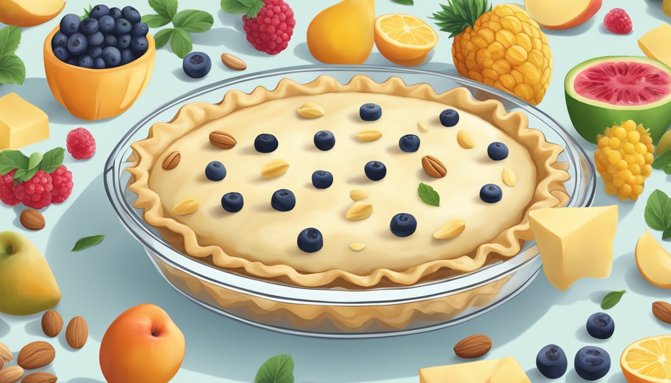 A clear pie dish filled with a translucent pie crust, surrounded by vegan ingredients such as fruits, nuts, and plant-based butter