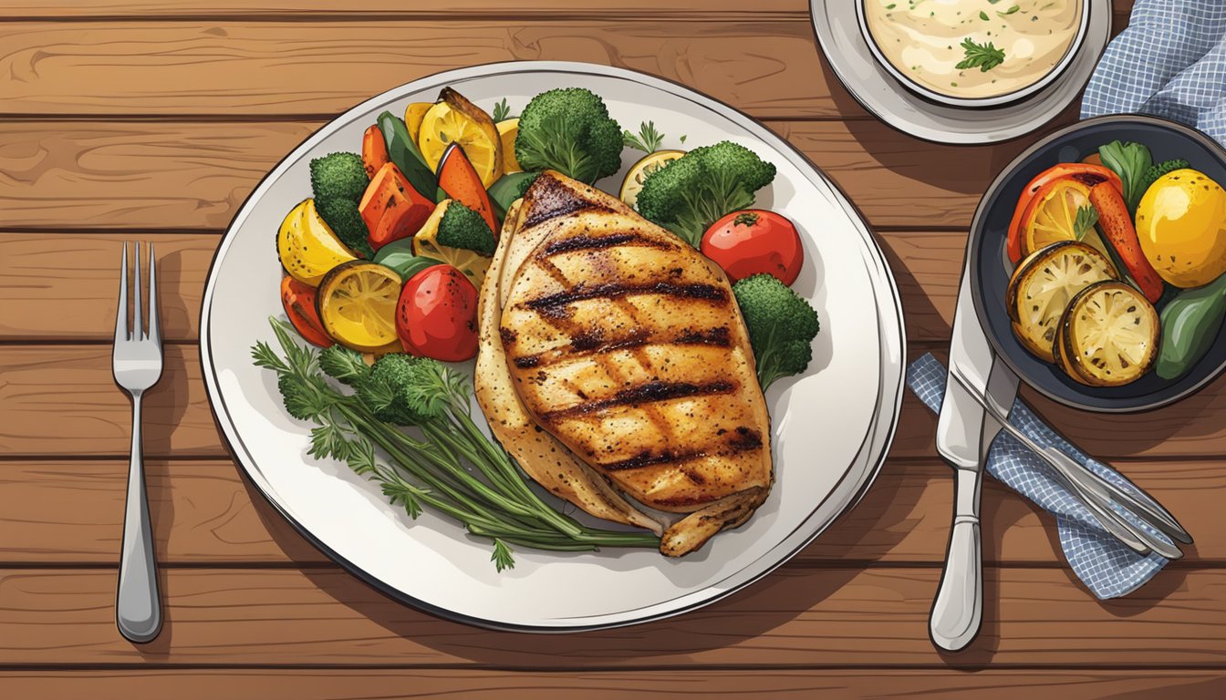 A plate of grilled lemon herb chicken with a side of colorful roasted vegetables, set on a rustic wooden table