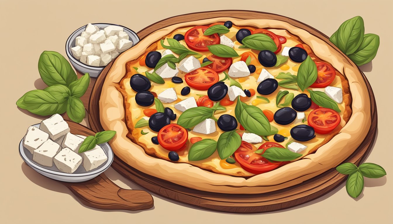 A rustic wooden table with a freshly baked Mediterranean chicken pizza surrounded by colorful ingredients like olives, tomatoes, basil, and feta cheese