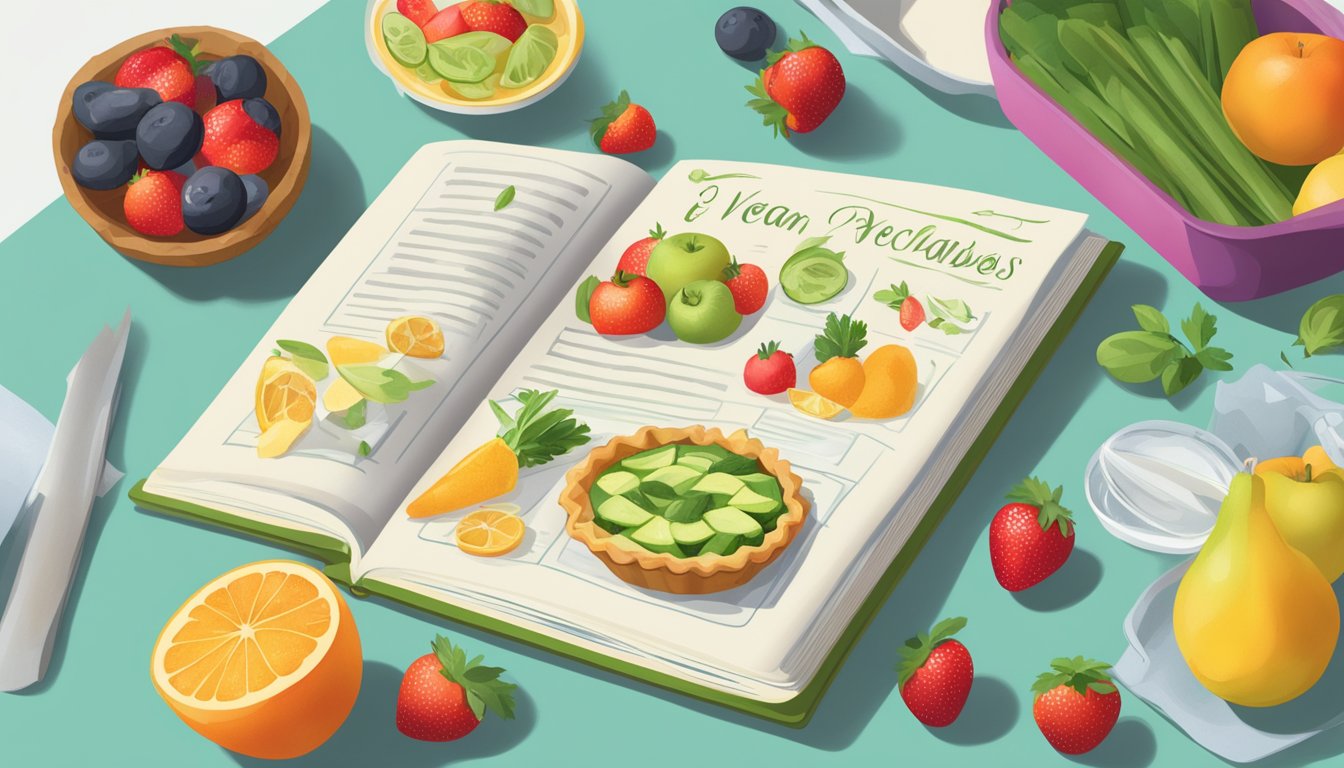 A clear recipe book open to a page with a vegan pie recipe, surrounded by fresh fruits and vegetables