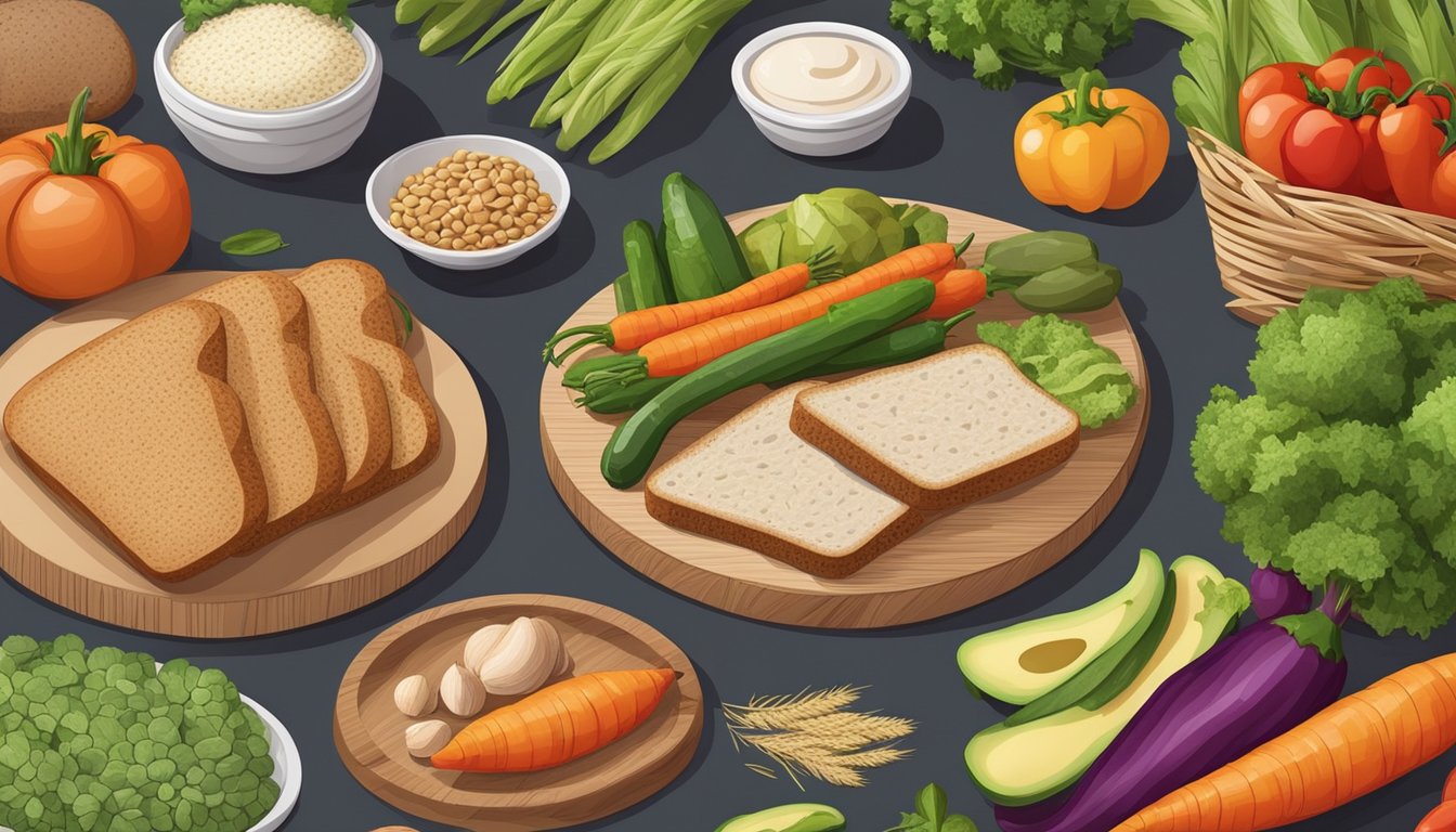 A kitchen counter with a variety of fresh vegetables, lean proteins, and whole grain bread, all arranged neatly for ingredient selection