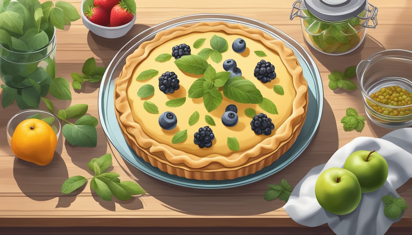 A transparent vegan pie displayed on a wooden cutting board with fresh fruit and herbs nearby, surrounded by glass storage containers